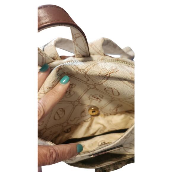 Giulia Pieralli Beige Logo Print Backpack Purse Brown Trim - Picture 3 of 11